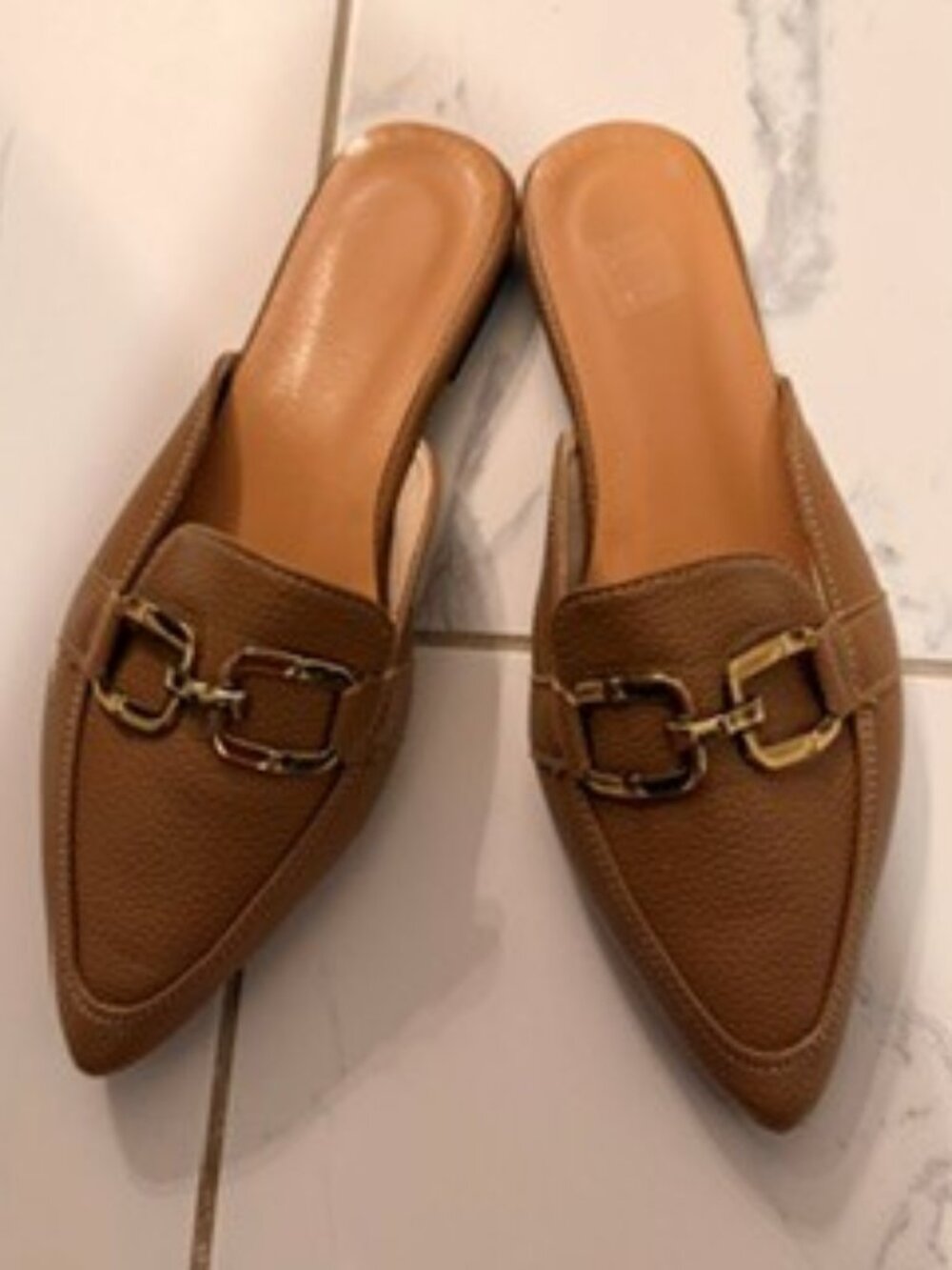 Tan Faux Leather Pointed Toe Mules Chain Link Detail Size 38 (US 7)